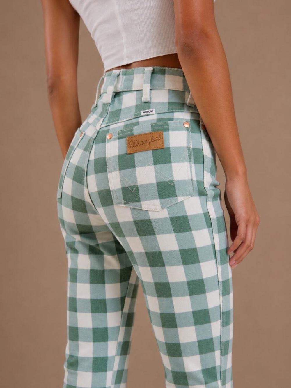 Wrangler Green and White Gingham High-Waist kick flare jeans - Picture 1 of 7